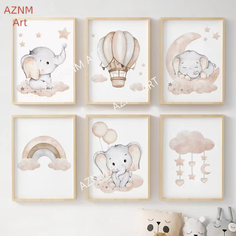 Baby Nursery Room - Elephant Balloon Rainbow Moon Stars Cloud