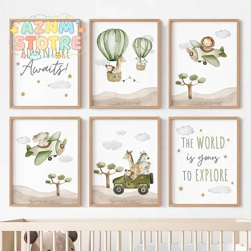 Animals Baby Nursery - Hot Air Balloon Animals Posters Canvas