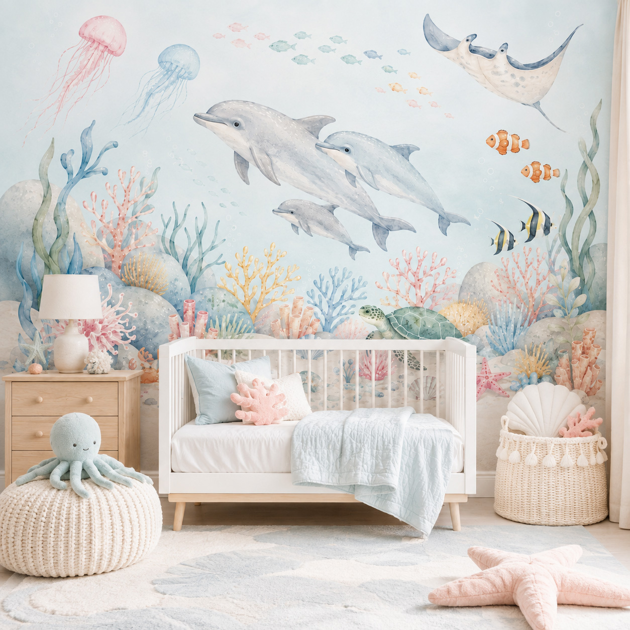 Underwater Sea Animals Self Ad - Baby Nursery Peel And Stick Wallpaper review and price